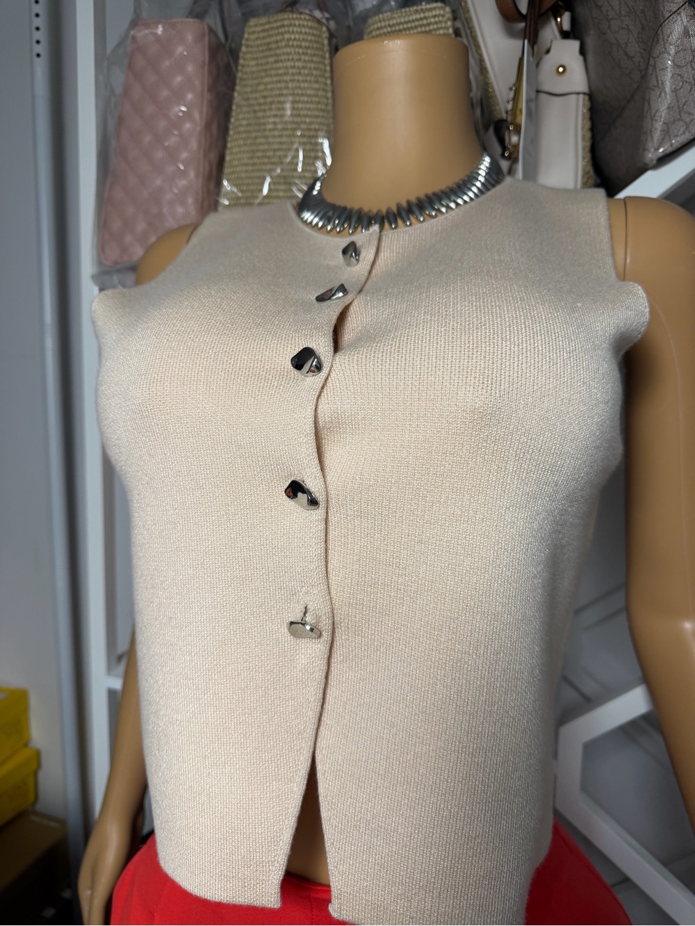 Sleeveless Knit Button-Front Top in Beige